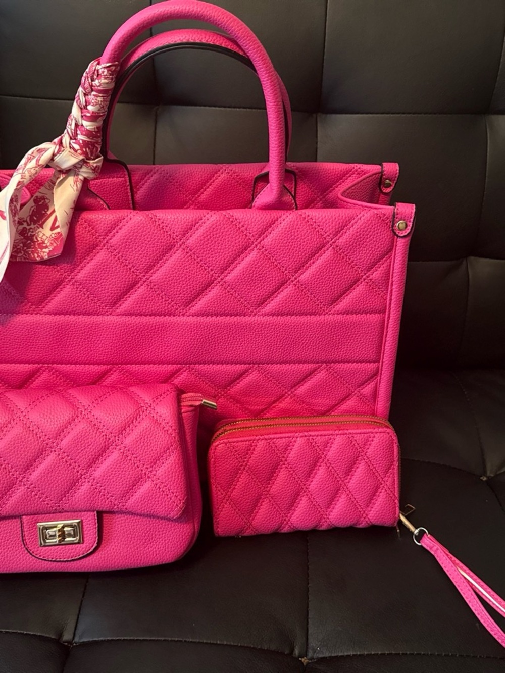 Vibrant Hot Pink Quilted Tote with Matching Wristlet & Pouch